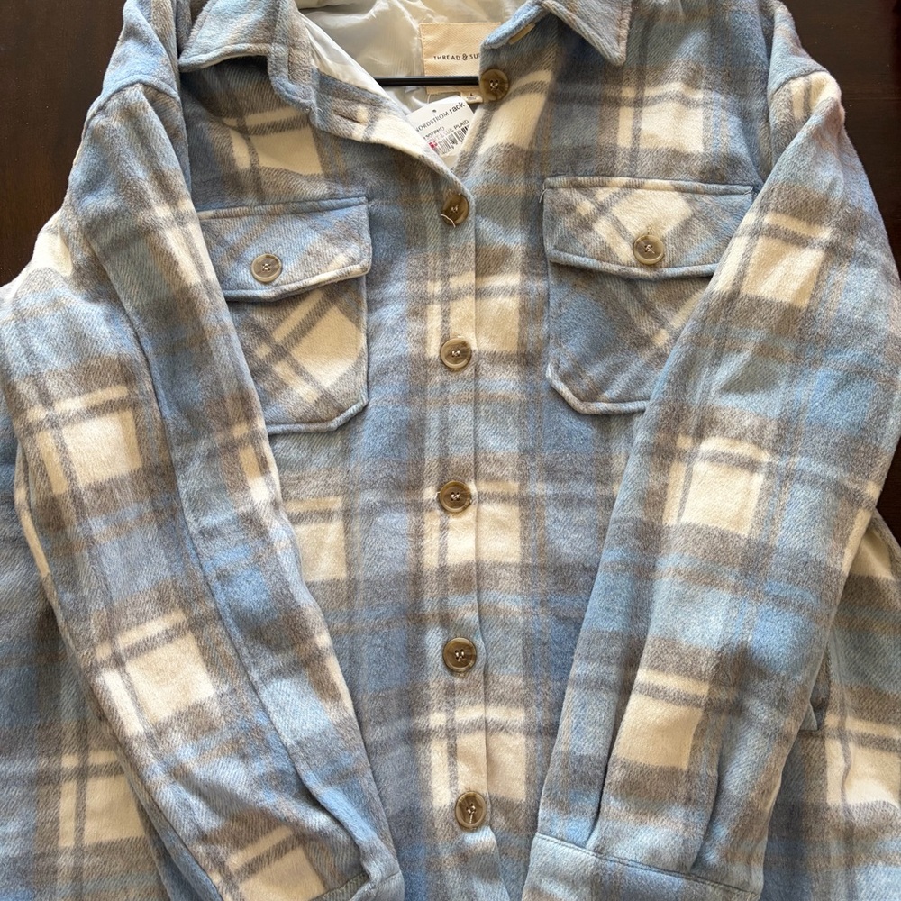 Blue and White Plaid Button-Up Shirt